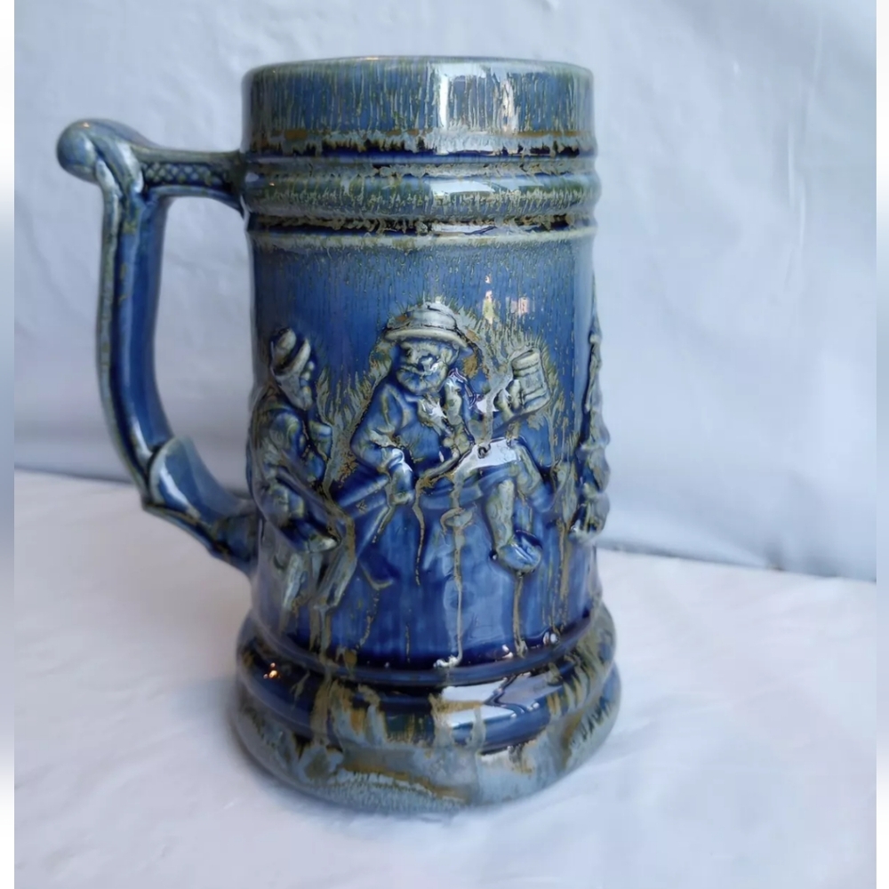 Vintage Ceramic Blue/Gold Stein Style Mug 3D Pine Trees/Cabin/Pub See De…